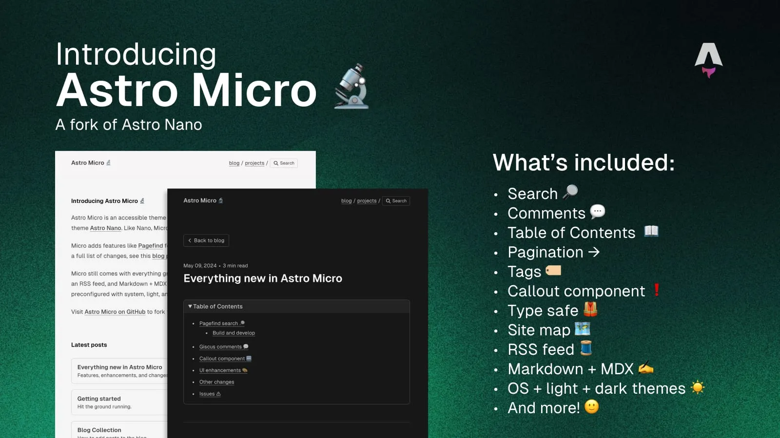 Astro Micro comes with search, comments, and more built-in.