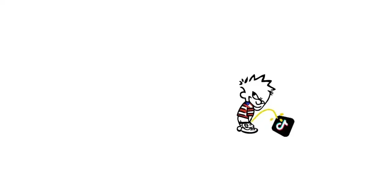 Calvin in an American flag style shirt peeing on the TikTok logo.