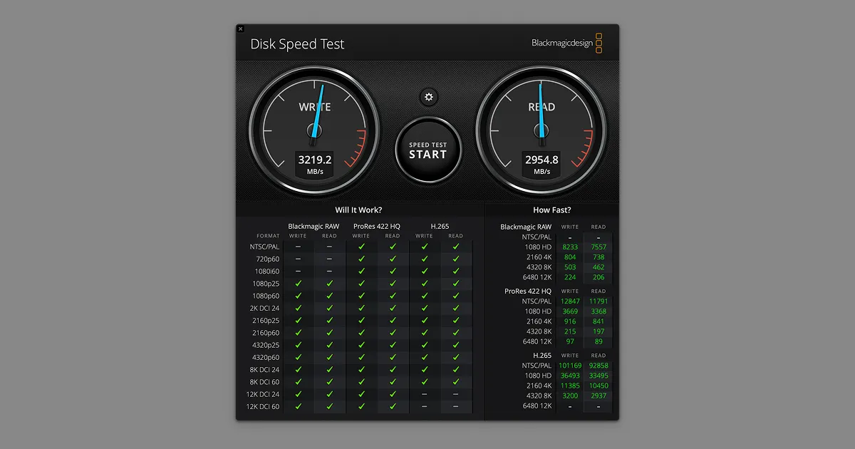 Disk speed results showing 3219 MB/s write speed and 2954.8 MB/s read speed
