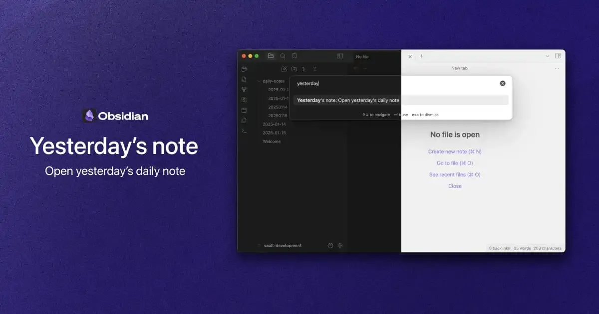 Yesterday's note: a plugin for Obsidian to open yesterday's daily note.